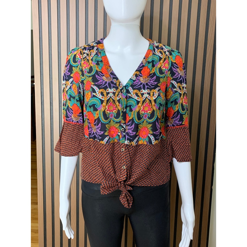 Maeve Anthropologie Mixed Print Tie Front Blouse Floral Paisley Bell Sleeve Sz 2